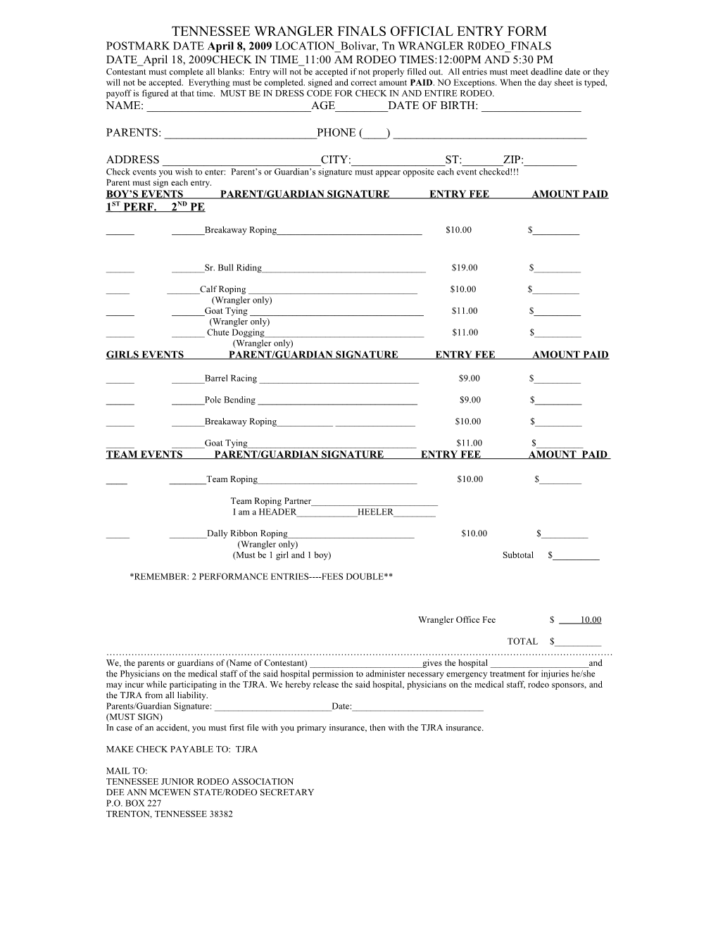 Tennessee Junior Rodeo Association Official Entry Form s1