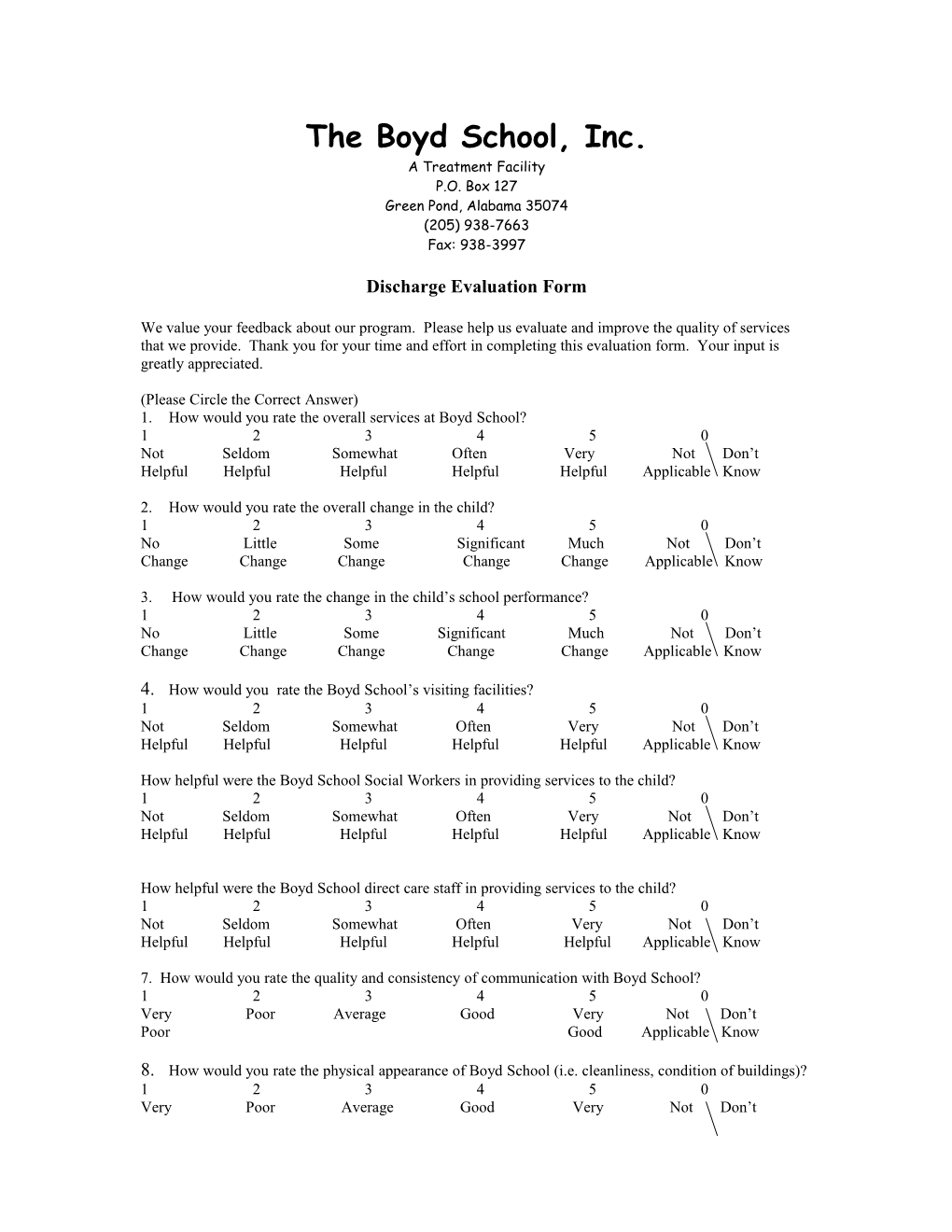 Discharge Evaluation Form