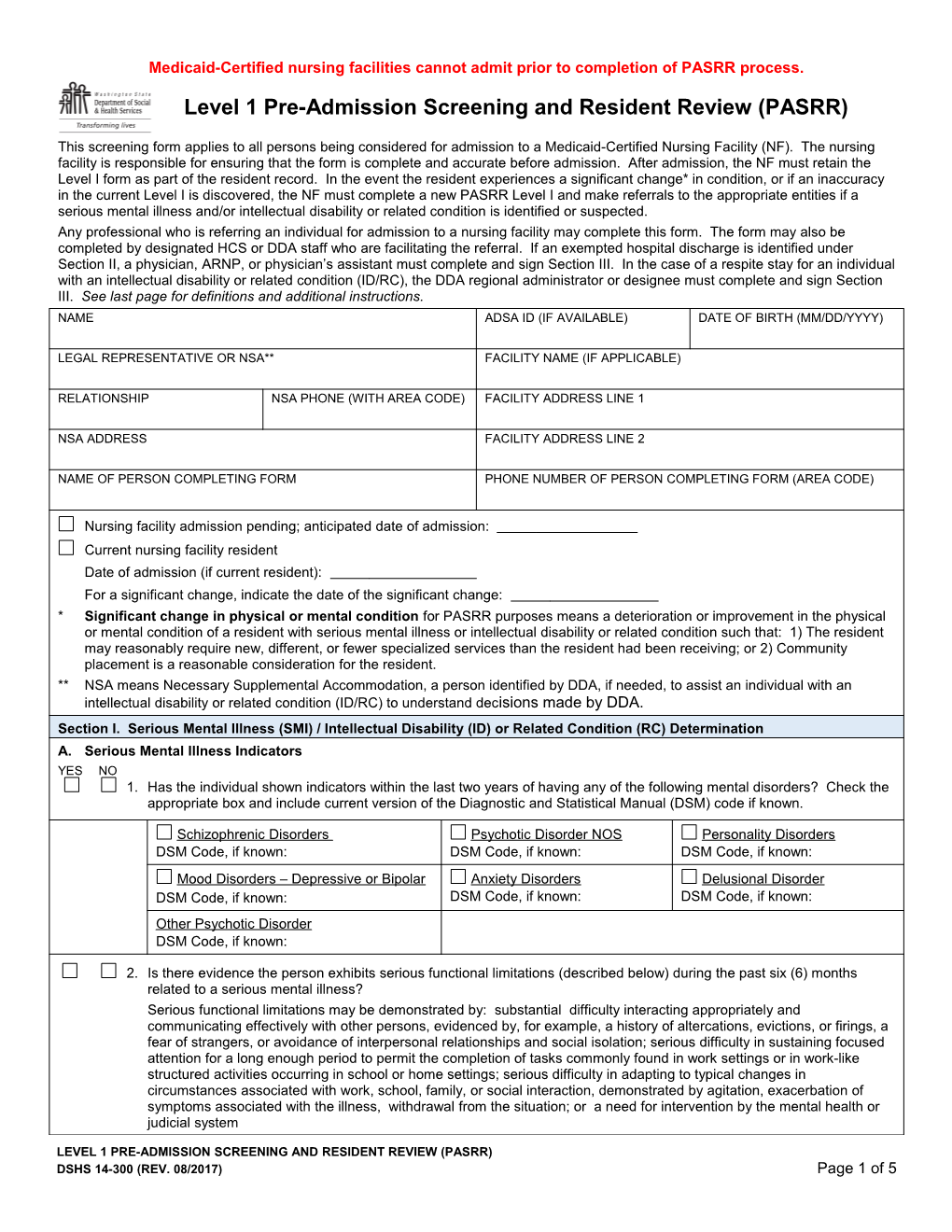 Level One Pre-Admission Screening and Resident Review (PASRR)