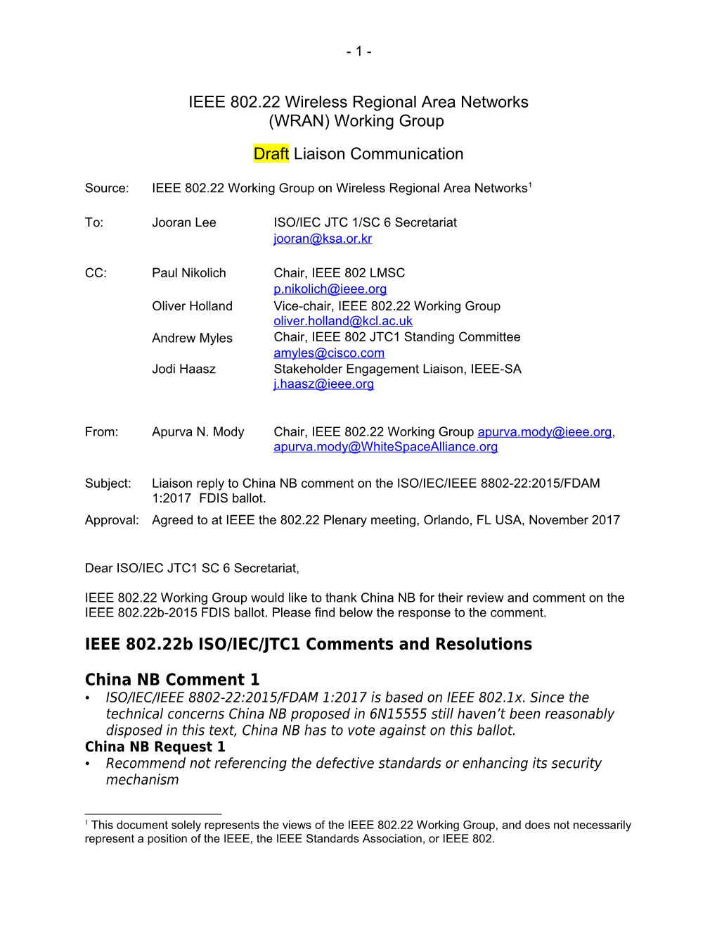 IEEE 802.3 Ethernet Working Group Liaison Communication