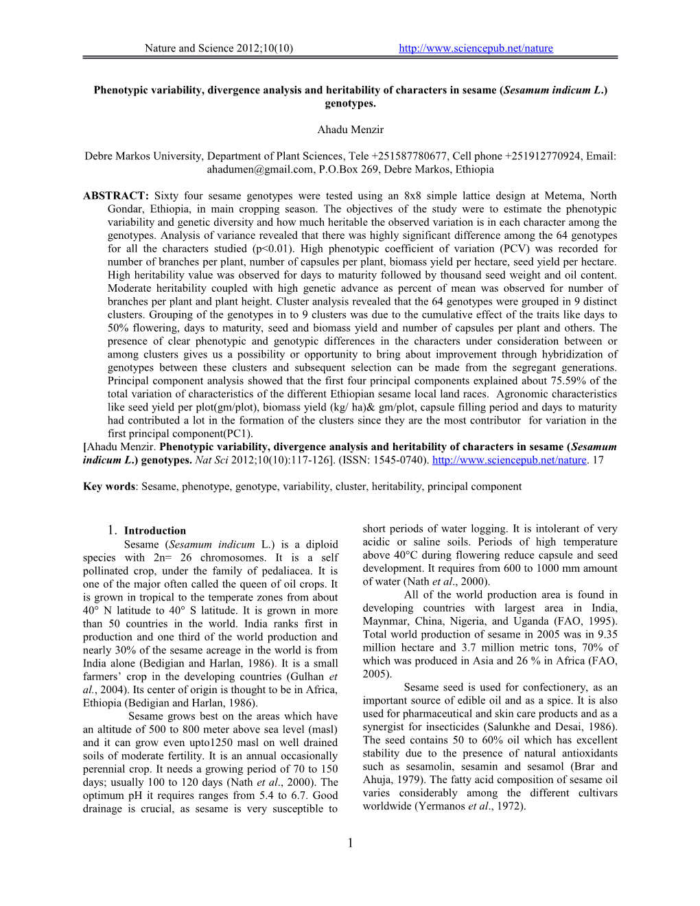 Phenotypic Variability, Divergence Analysis and Heritability of Characters in Sesame