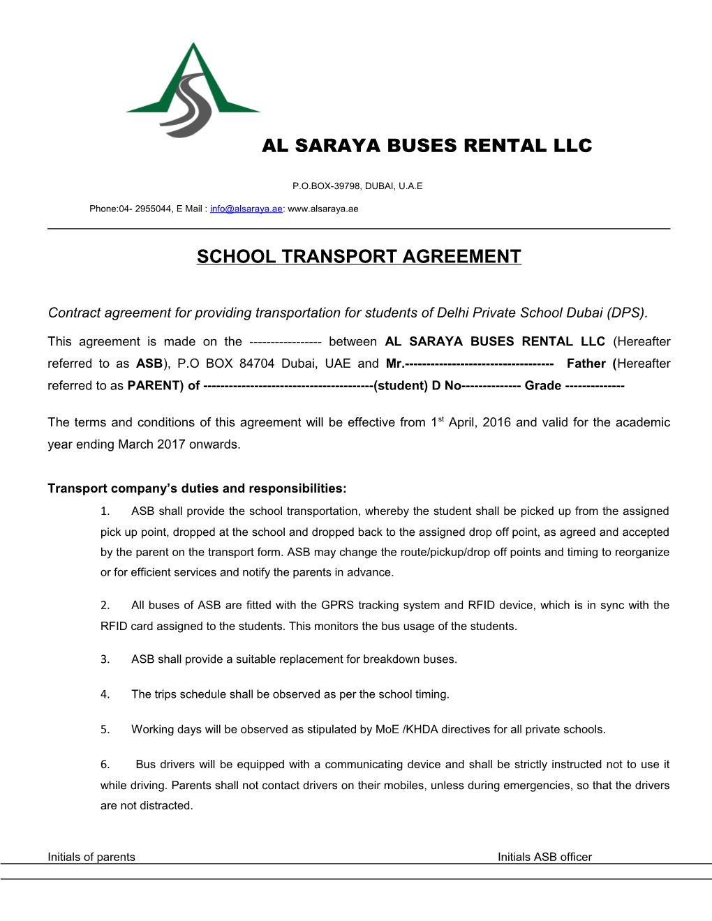 School Transport Agreement