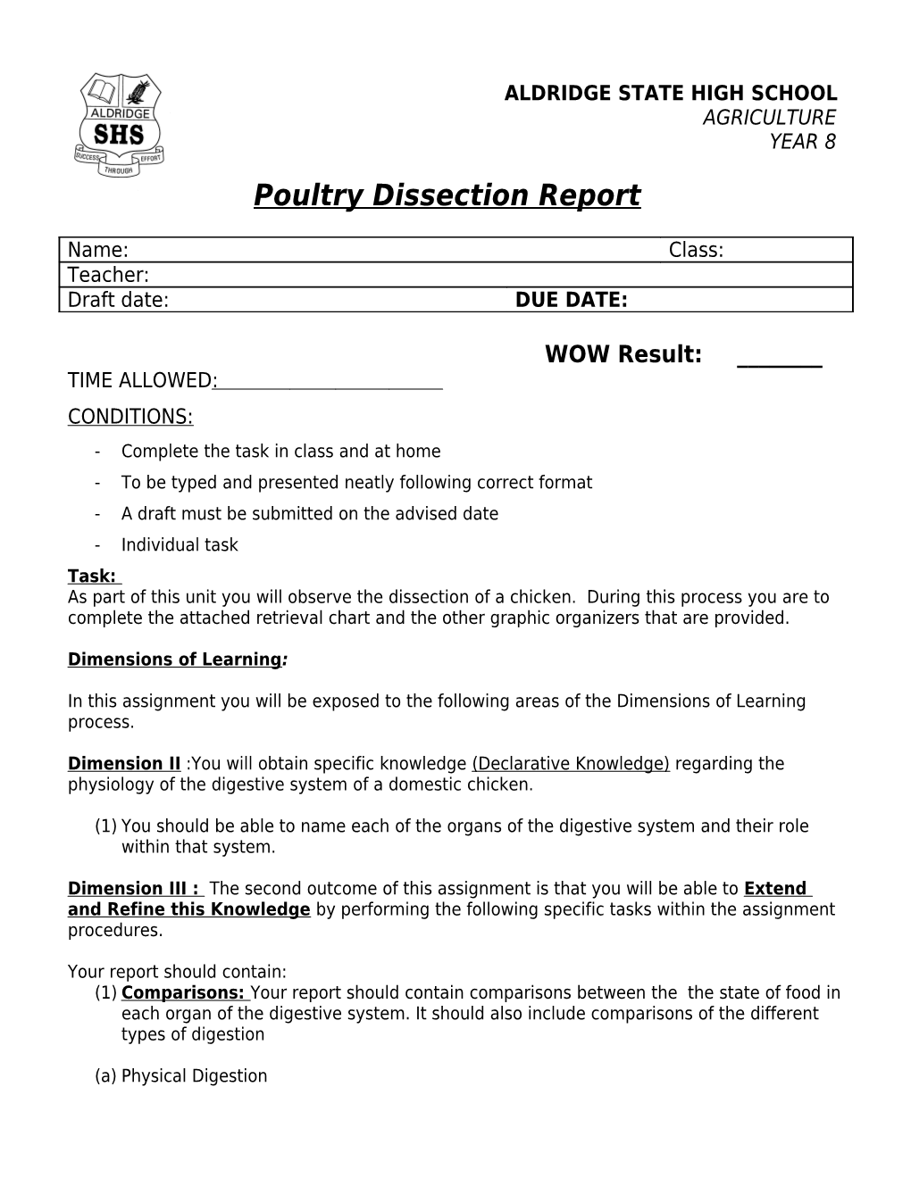 Poultry Dissection Report