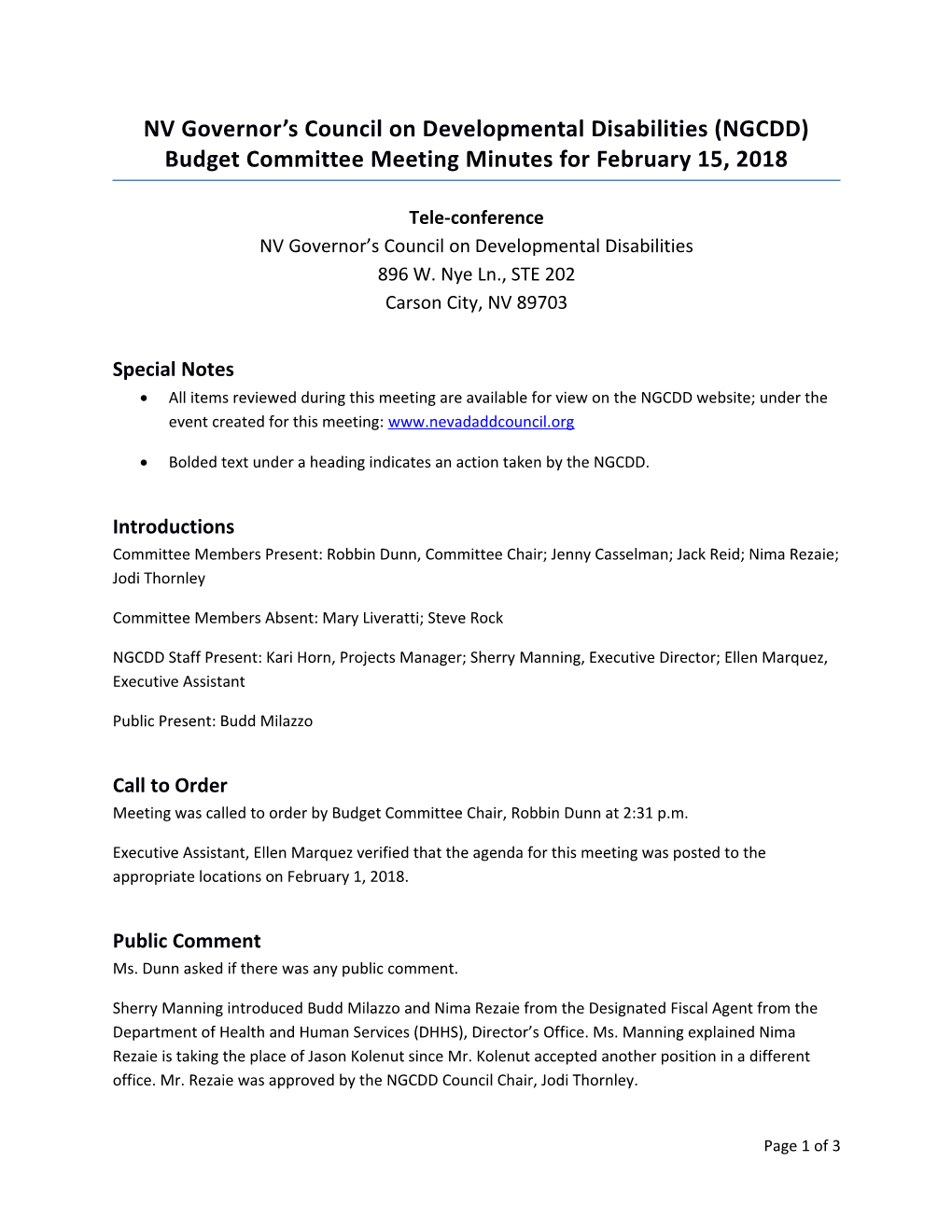 NV Governor S Council on Developmental Disabilities (NGCDD)Budget Committee Meeting Minutes