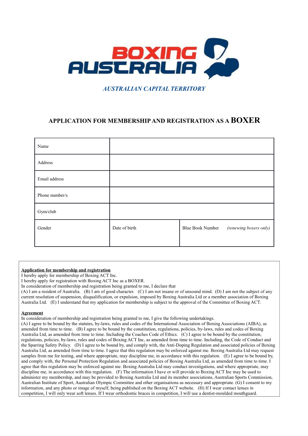 Application for Membership and Registration As a Boxer