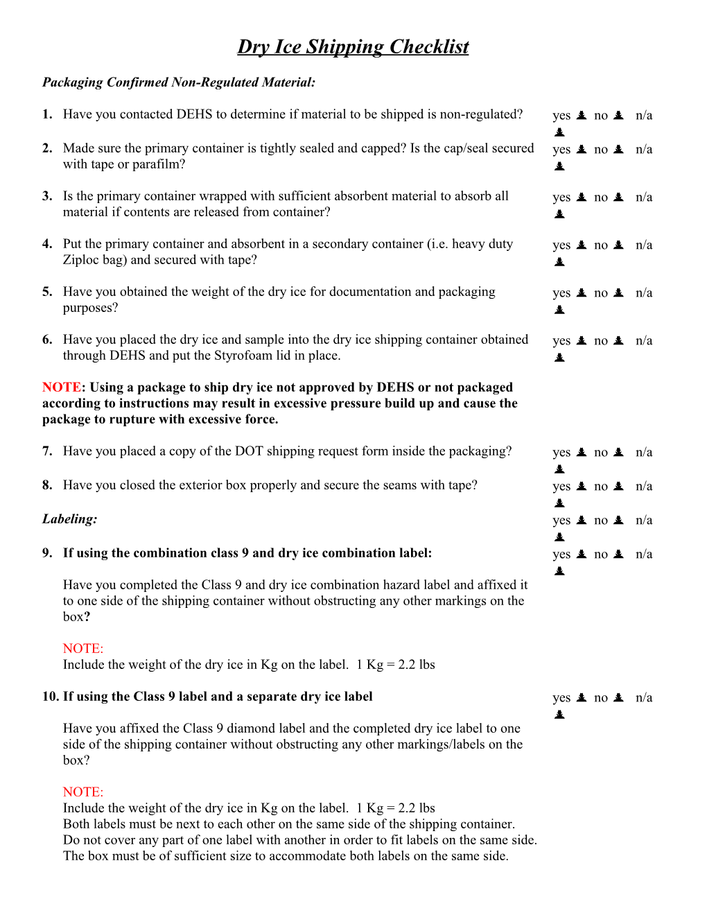 Dry Ice Shipping Checklist