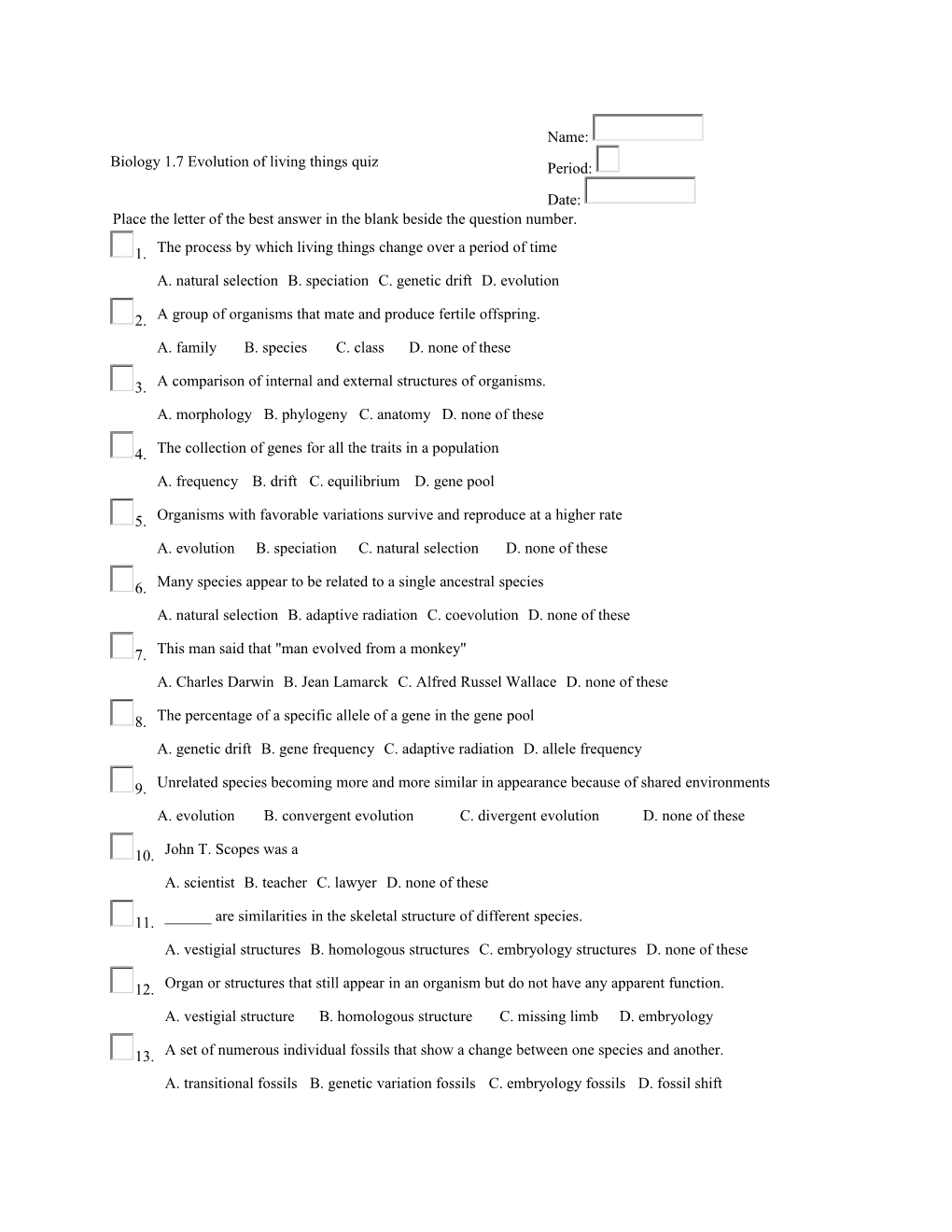 Place the Letter of the Best Answer in the Blank Beside the Question Number