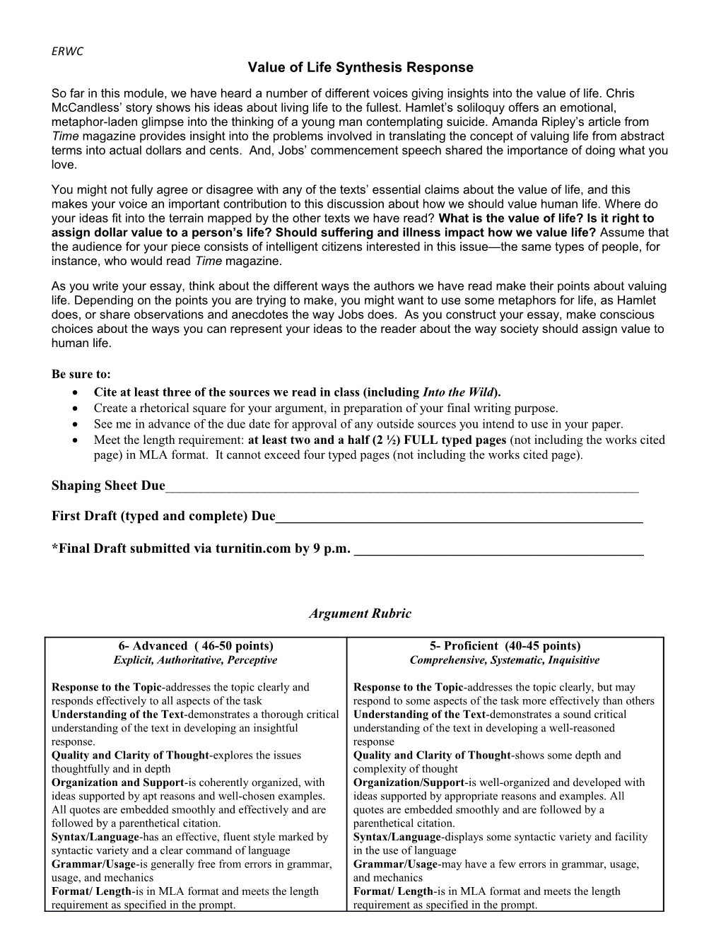 Value of Life Synthesis Response