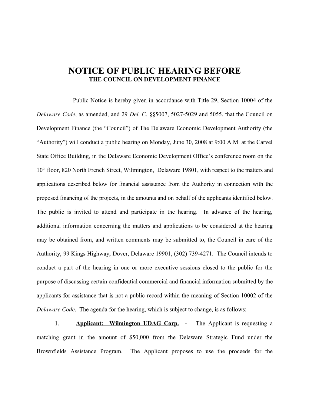Notice of Public Hearing Before