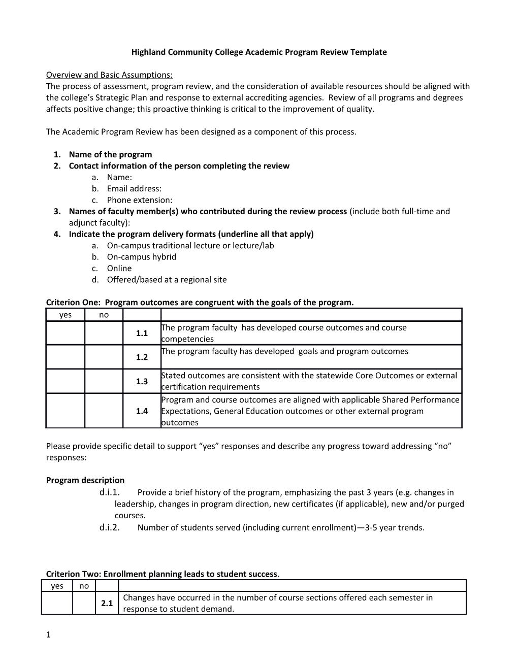 Highland Community College Academic Program Review Template