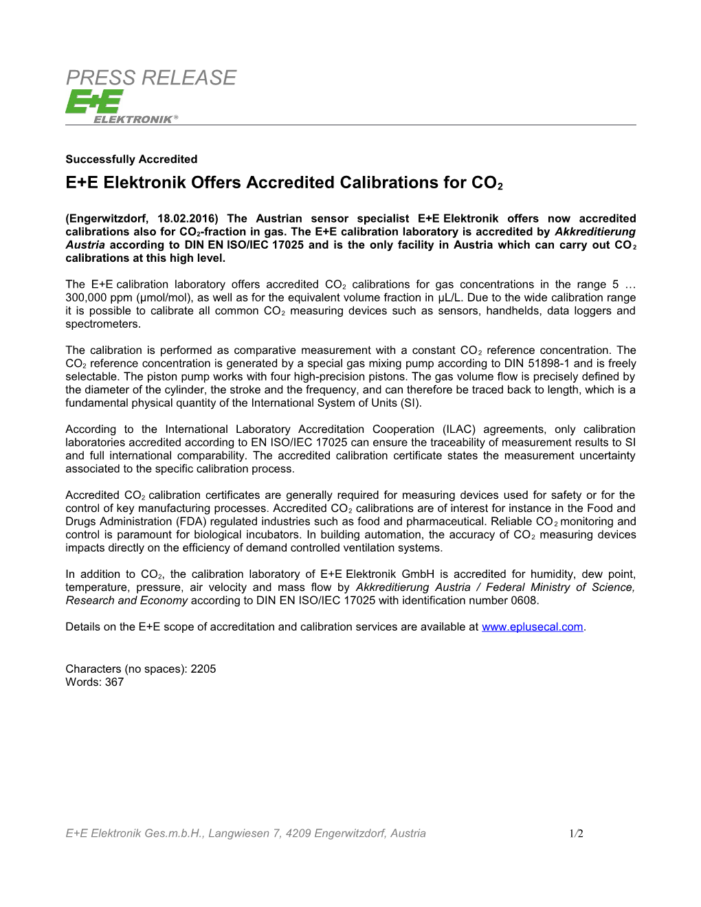 E+Eelektronik Offers Accredited Calibrations for CO2
