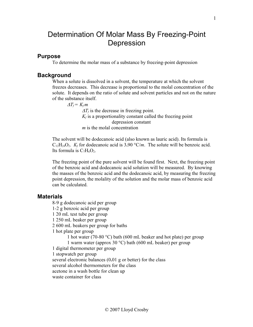 Determination of Molar Mass by Freezing-Point Depression s1