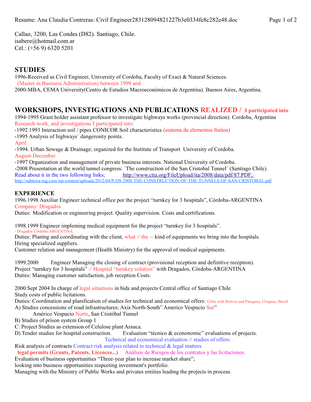 Resume: Ana Claudia Contreras: Civil Engineer Cvana160125v2 Page 2 of 2