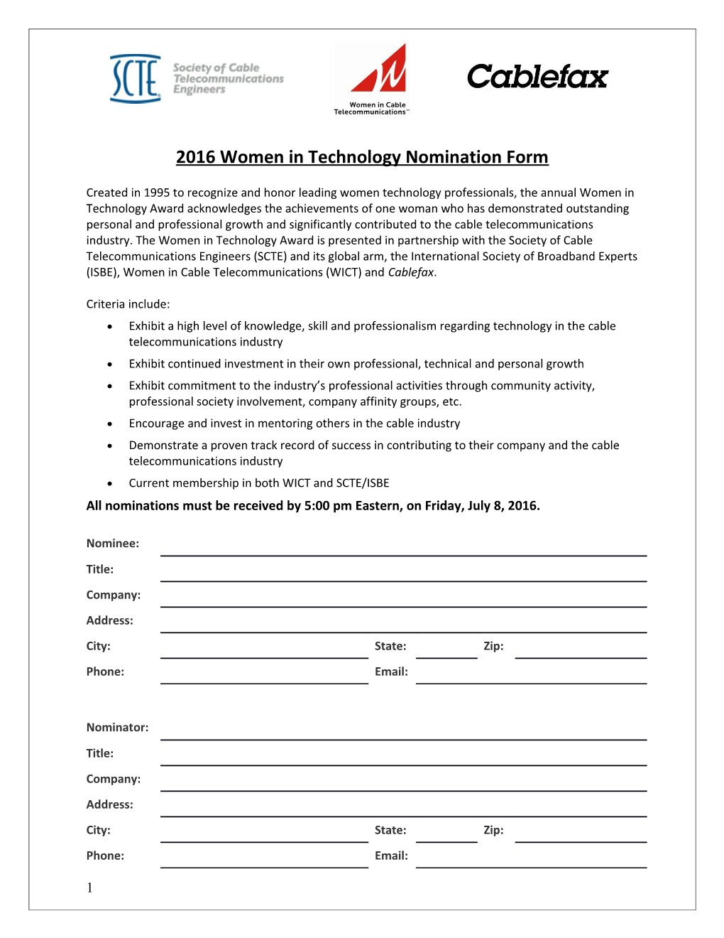 2016 Women in Technology Nomination Form