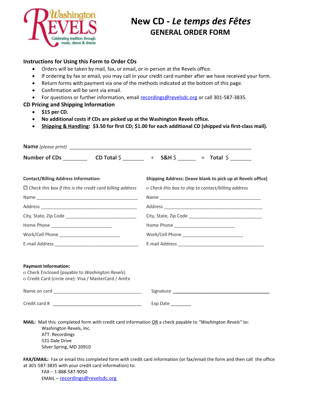 Washington Revels Education - REGISTRATION FORM WINTER & SPRING 2010