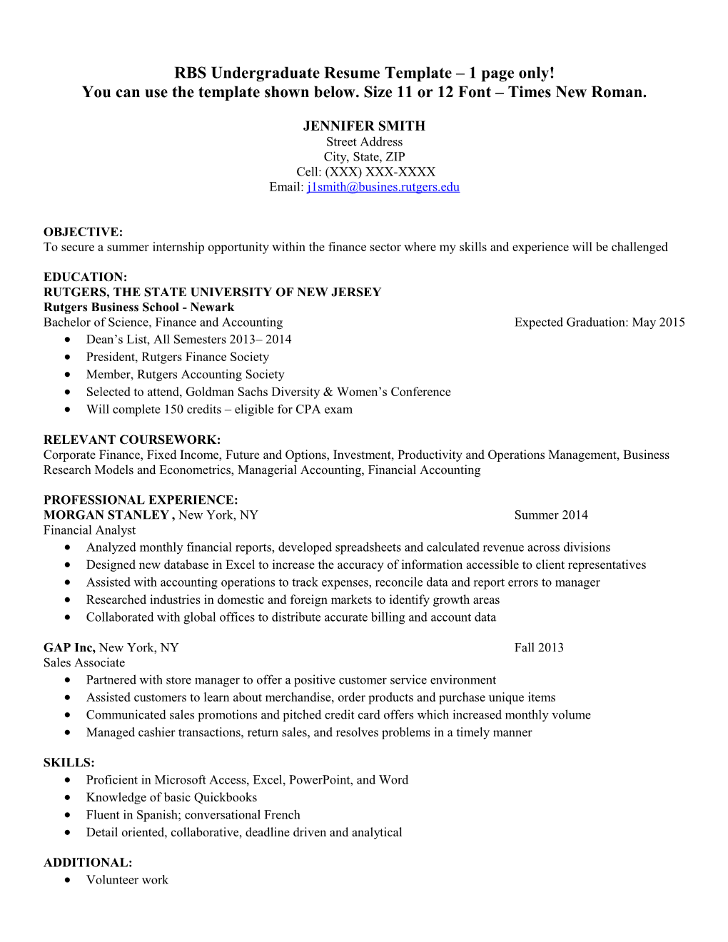 RBS Undergraduate Resume Template 1 Page Only!