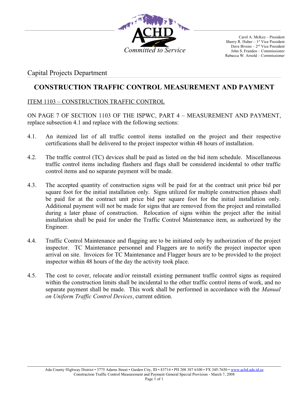 Construction Traffic Control Measurement and Payment