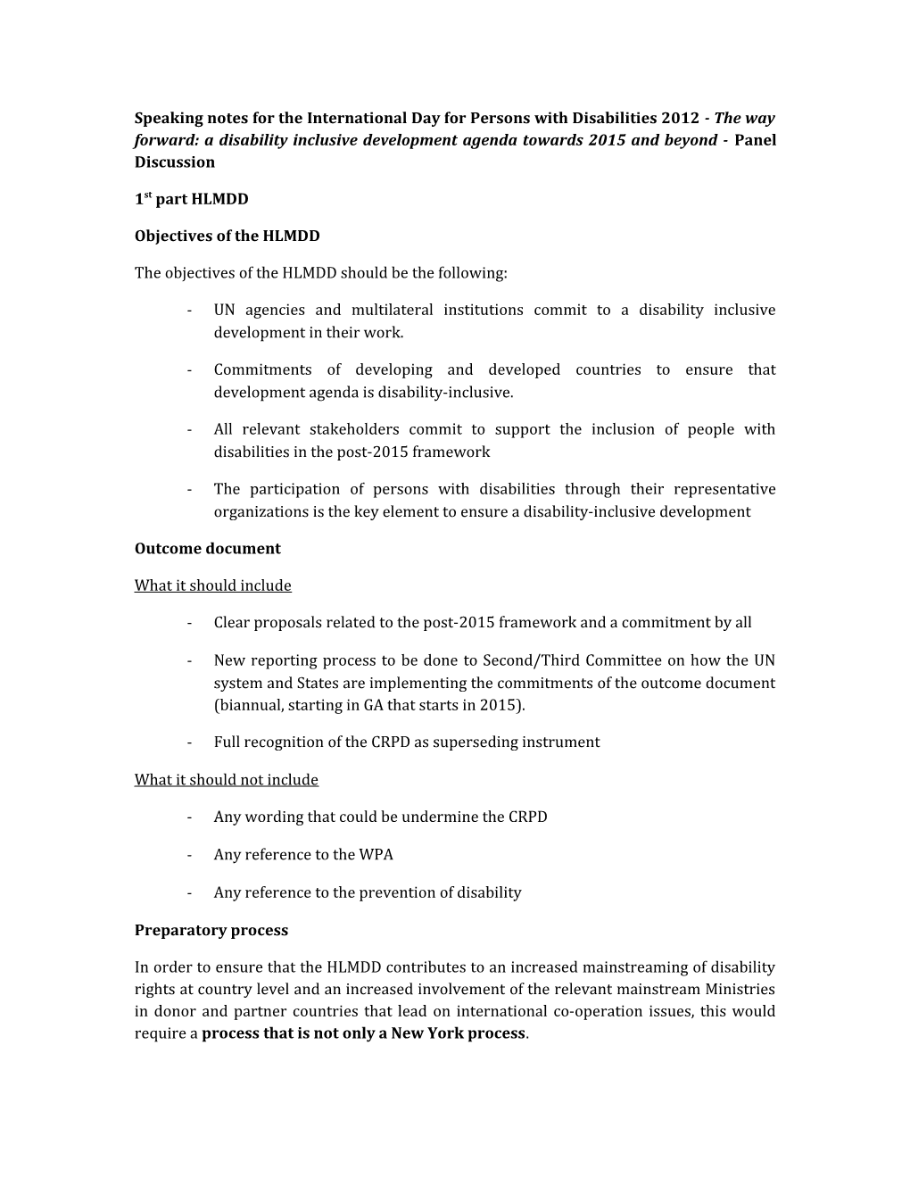 Speaking Notes for the International Day for Persons with Disabilities 2012 - the Way Forward