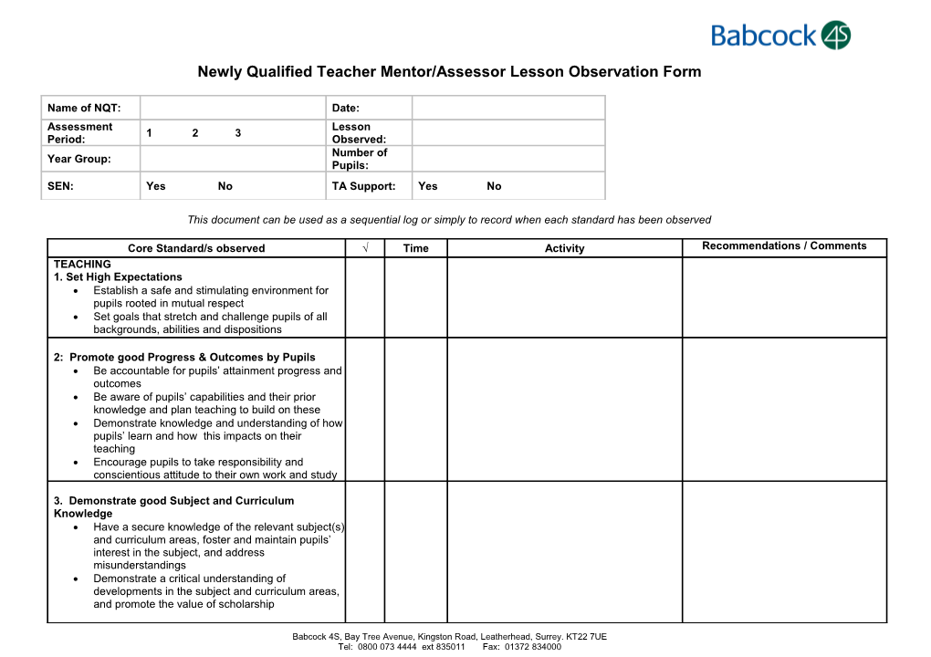 Newly Qualified Teacher Mentor/Assessor Lesson Observation Form