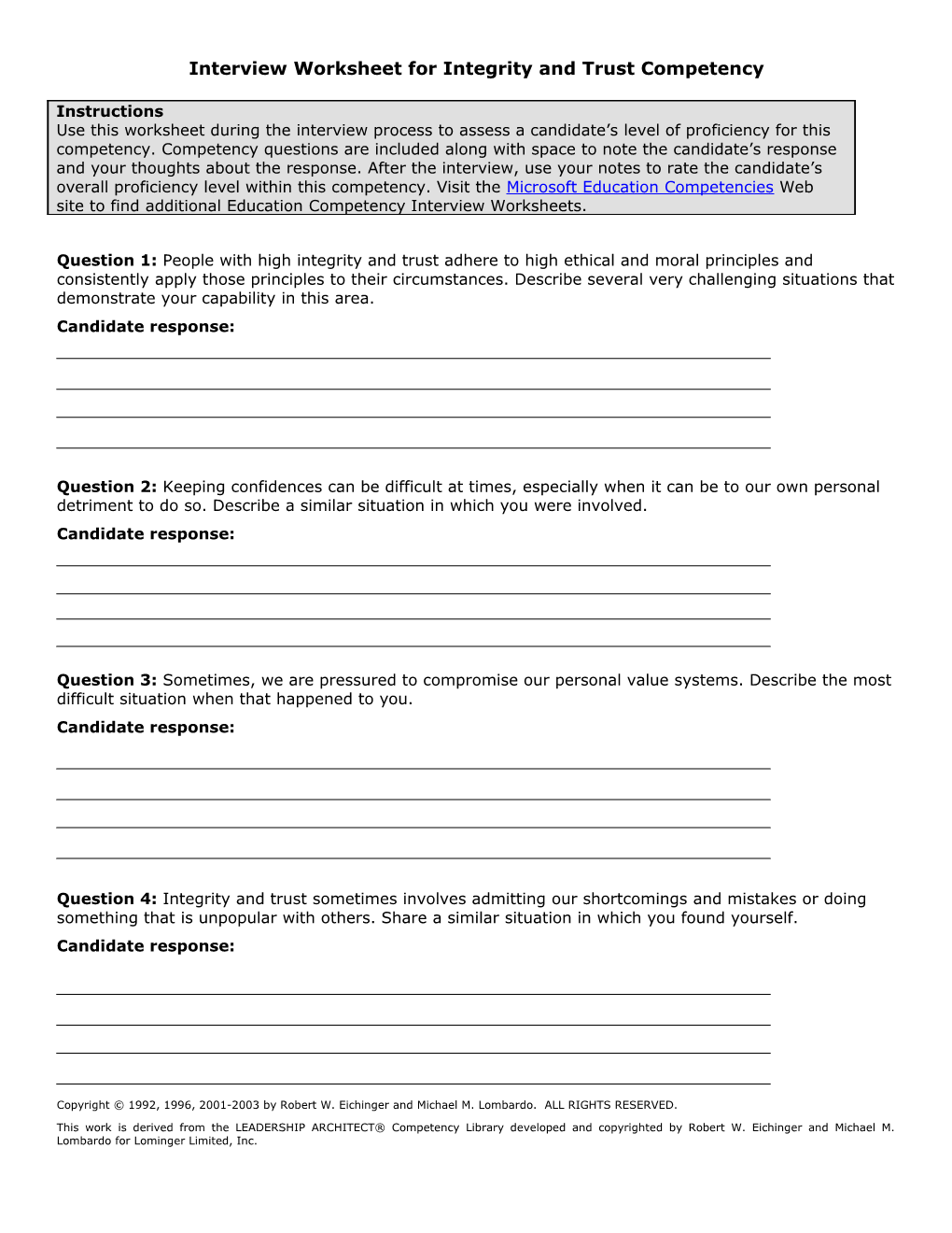 Interview Worksheet for Integrity and Trust Competency