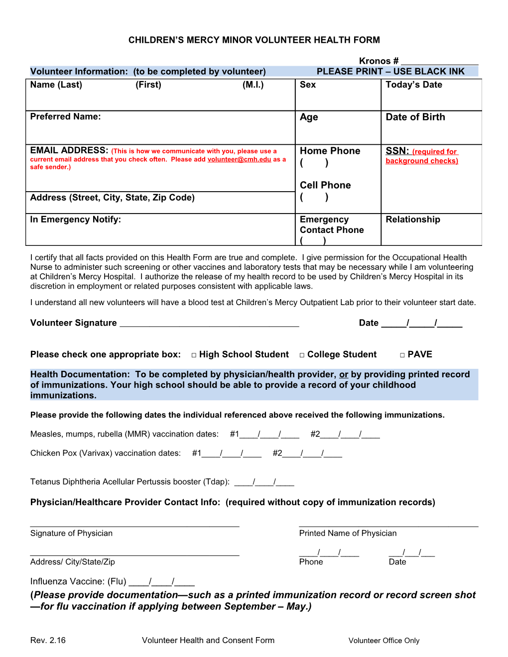 Children S Mercy Minor Volunteer Health Form