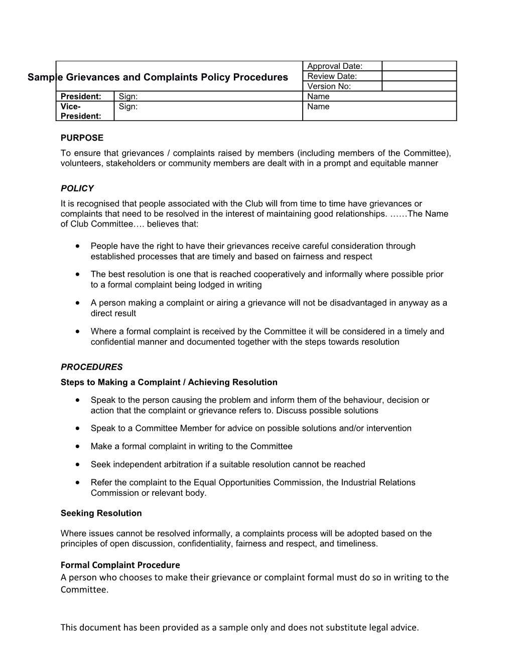 Sample Grievances and Complaints Policy Procedures