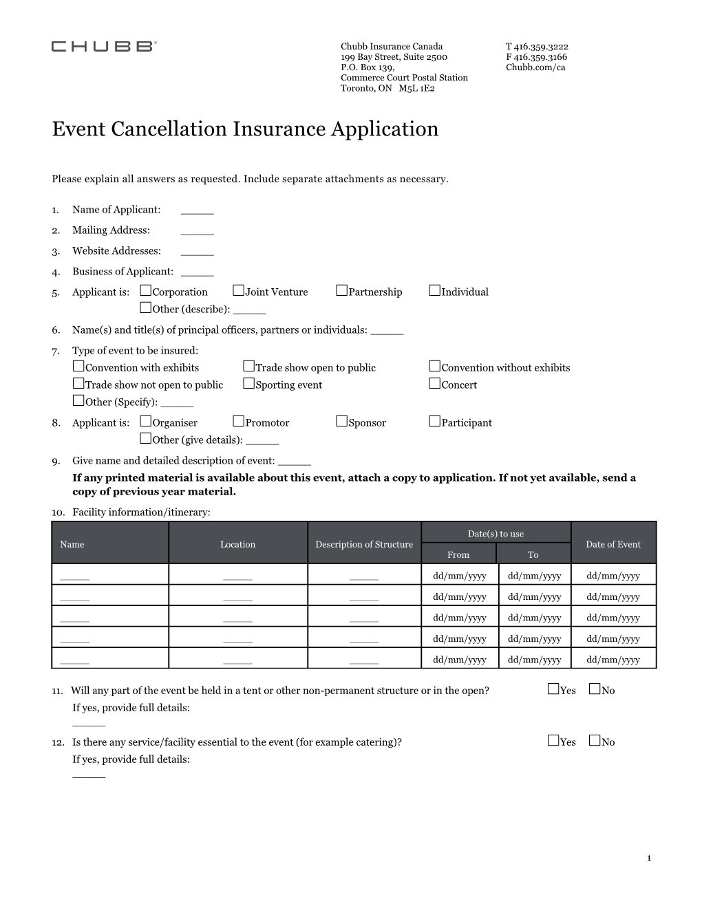 Event Cancellation Insurance Application