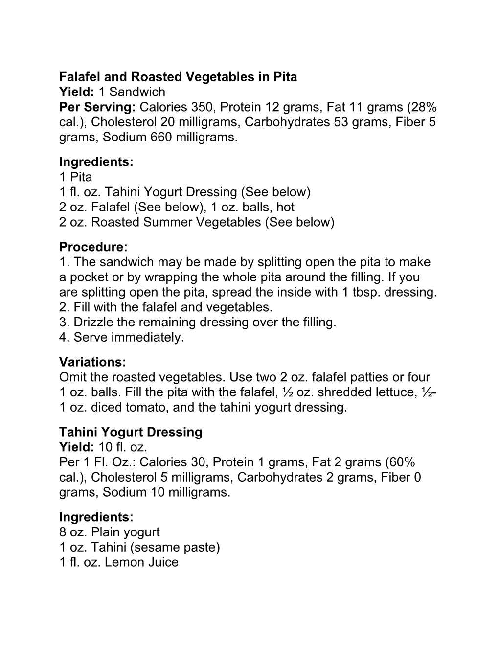 Falafel and Roasted Vegetables in Pita Yield: 1 Sandwich Per Serving: Calories 350, Protein