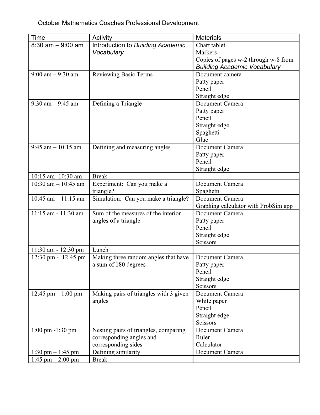 October Mathematics Coaches Professional Development