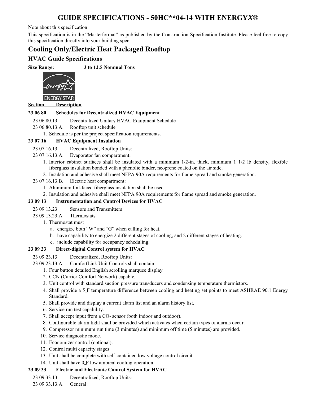 Guide Specifications - 50HC 04-14 with Energyx