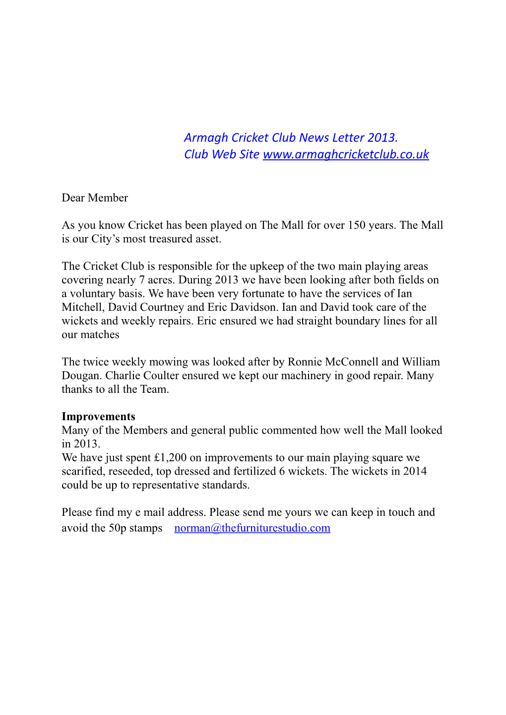 Armagh Cricket Club News Letter 2013