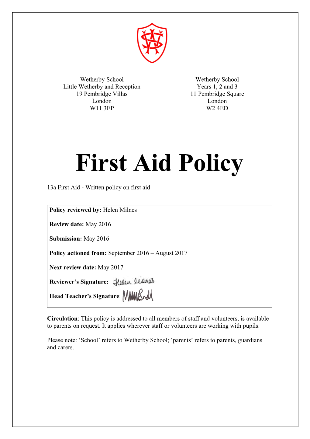 13Afirst Aid - Written Policy on First Aid