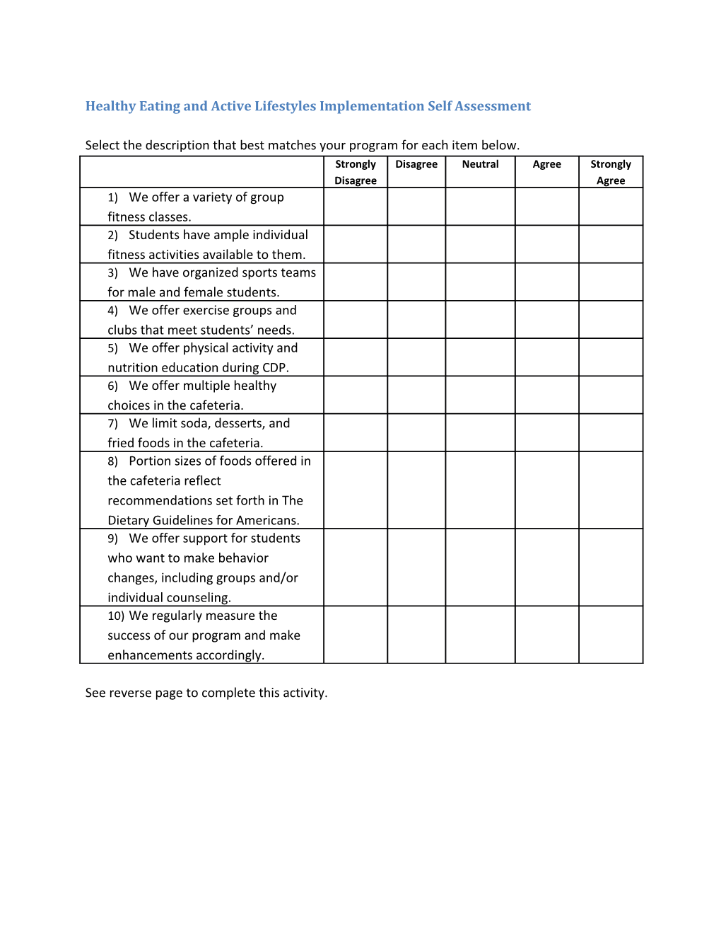 Healthy Eating and Active Lifestyles Implementation Self Assessment