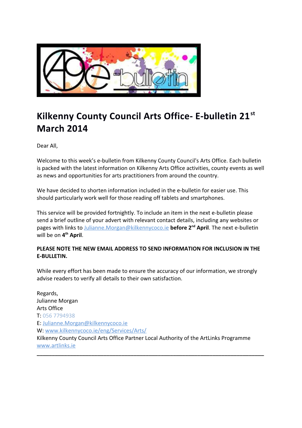 Kilkenny County Council Arts Office- E-Bulletin 21St March 2014