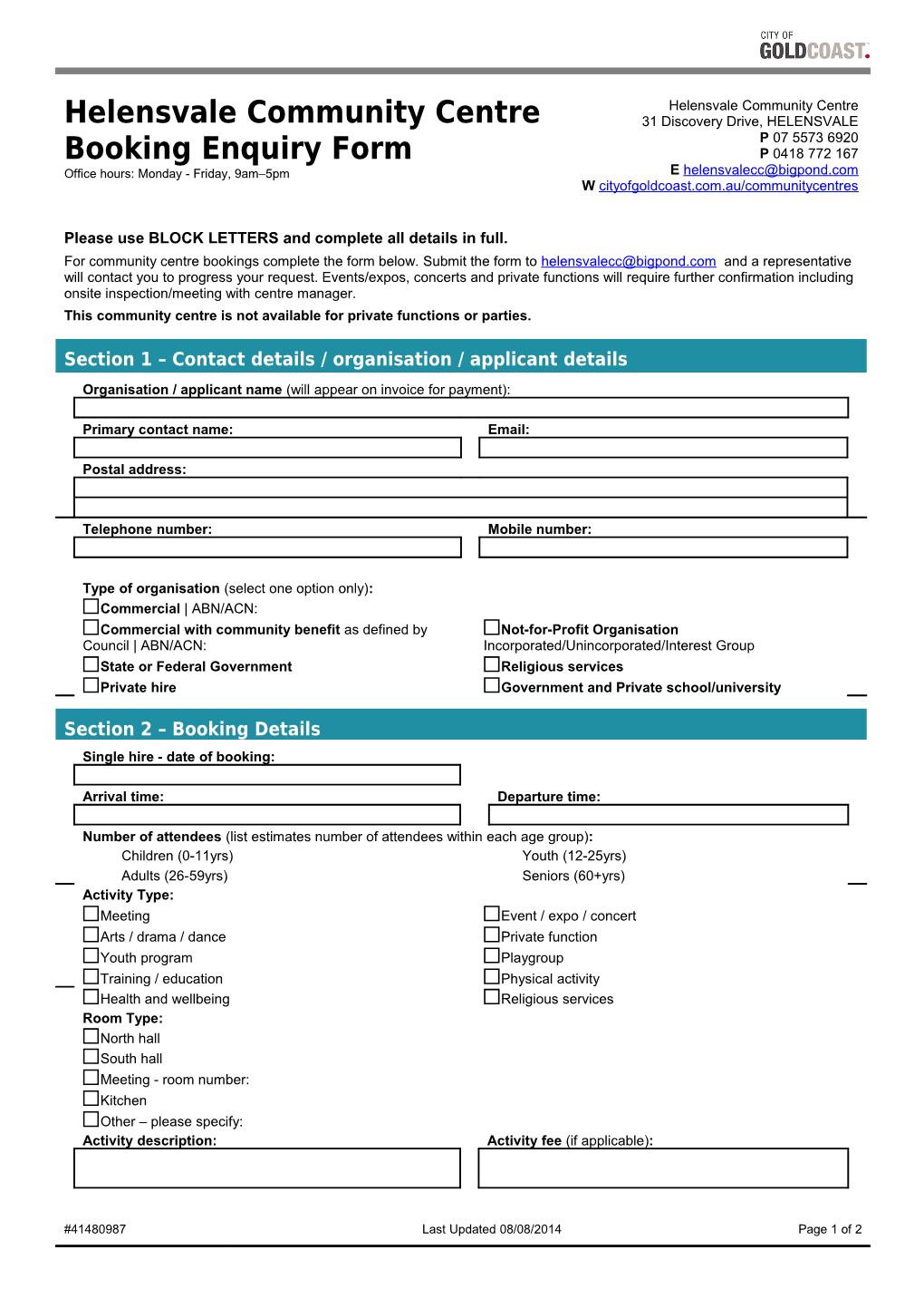 Community Centre Booking Enquiry Form