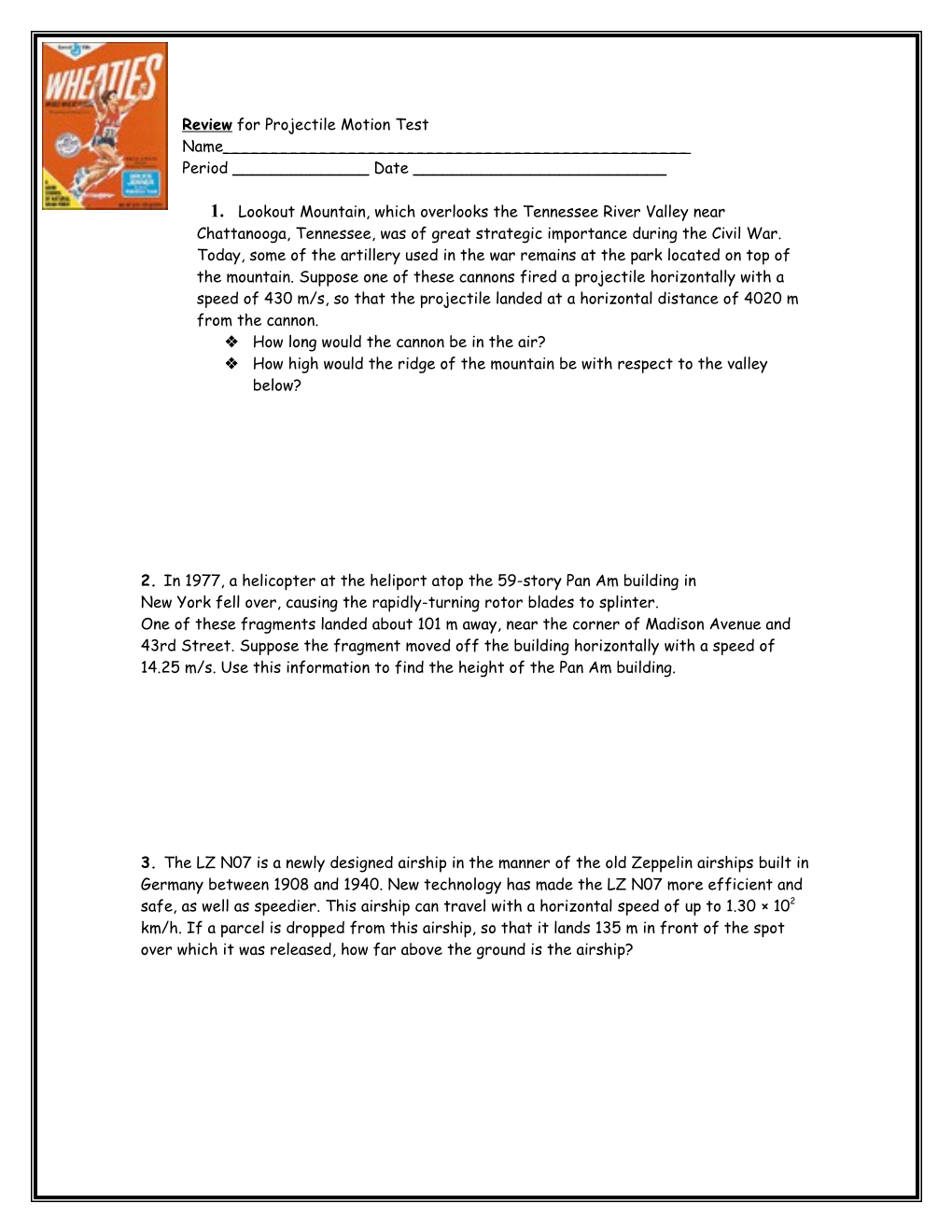 Review for Projectile Motion Test