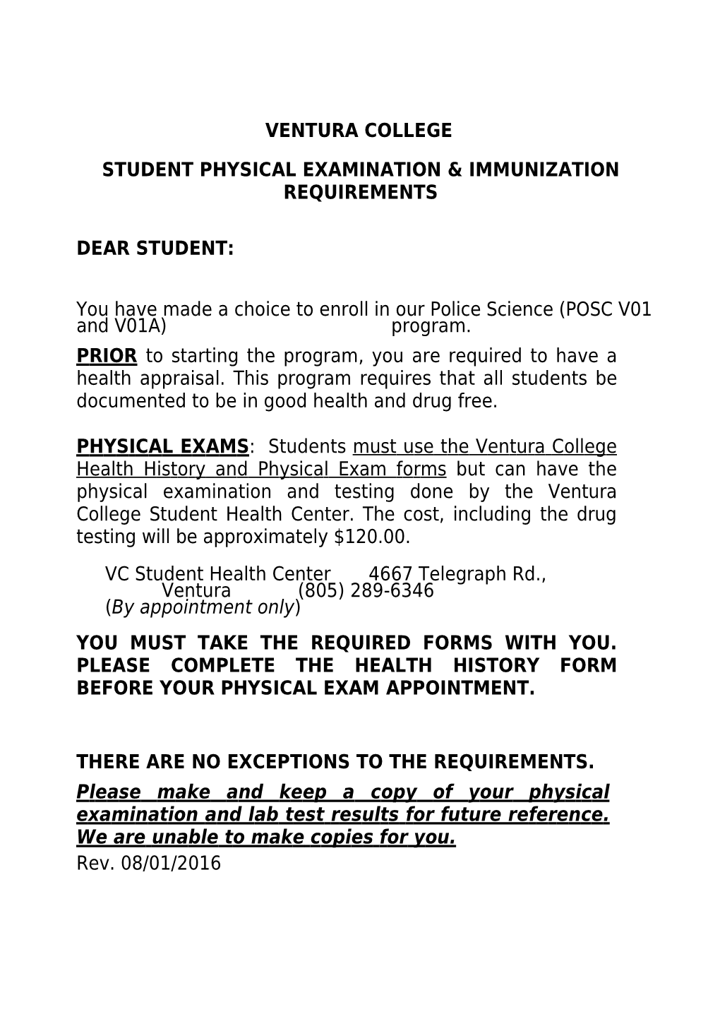 Student Physical Examination & Immunization Requirements