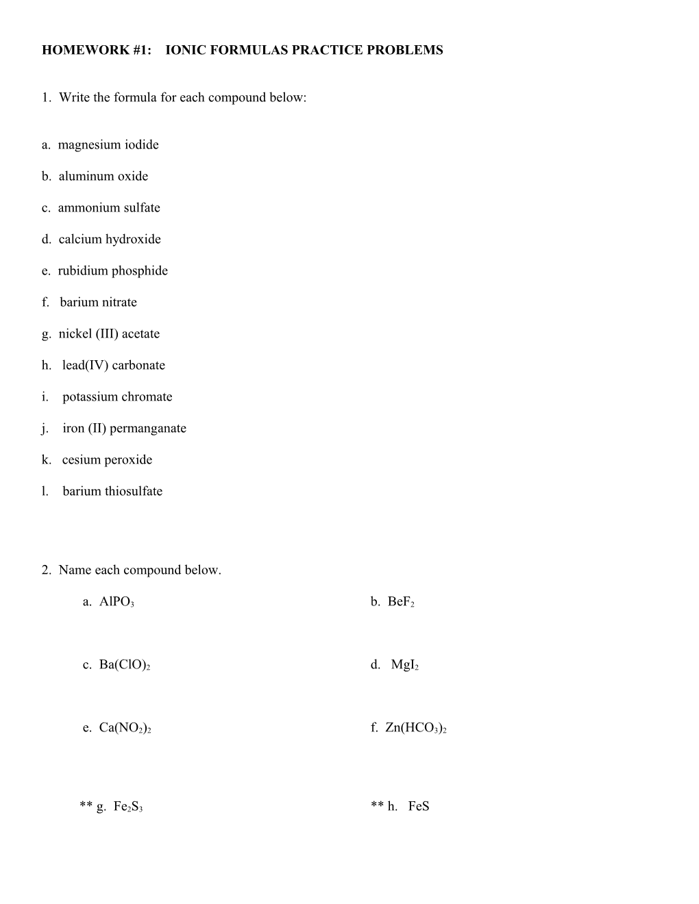 Homework #1: Ionic Formulas Practice Problems