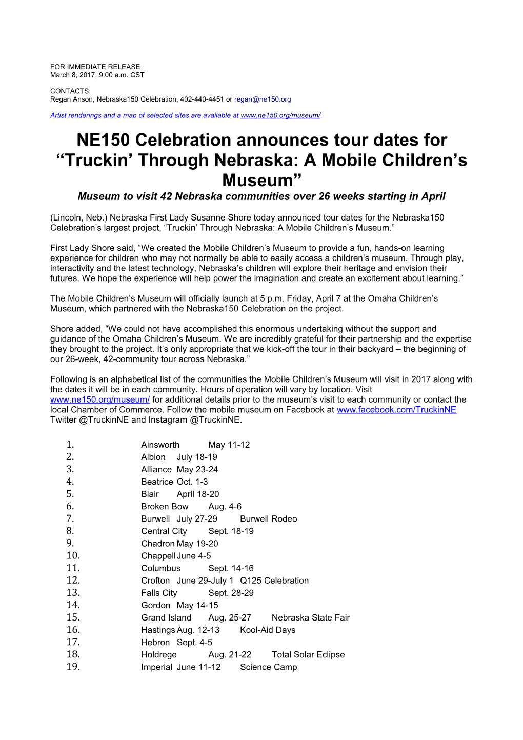 NE150 Celebration Announces Tour Dates for Truckin Through Nebraska: a Mobile Children