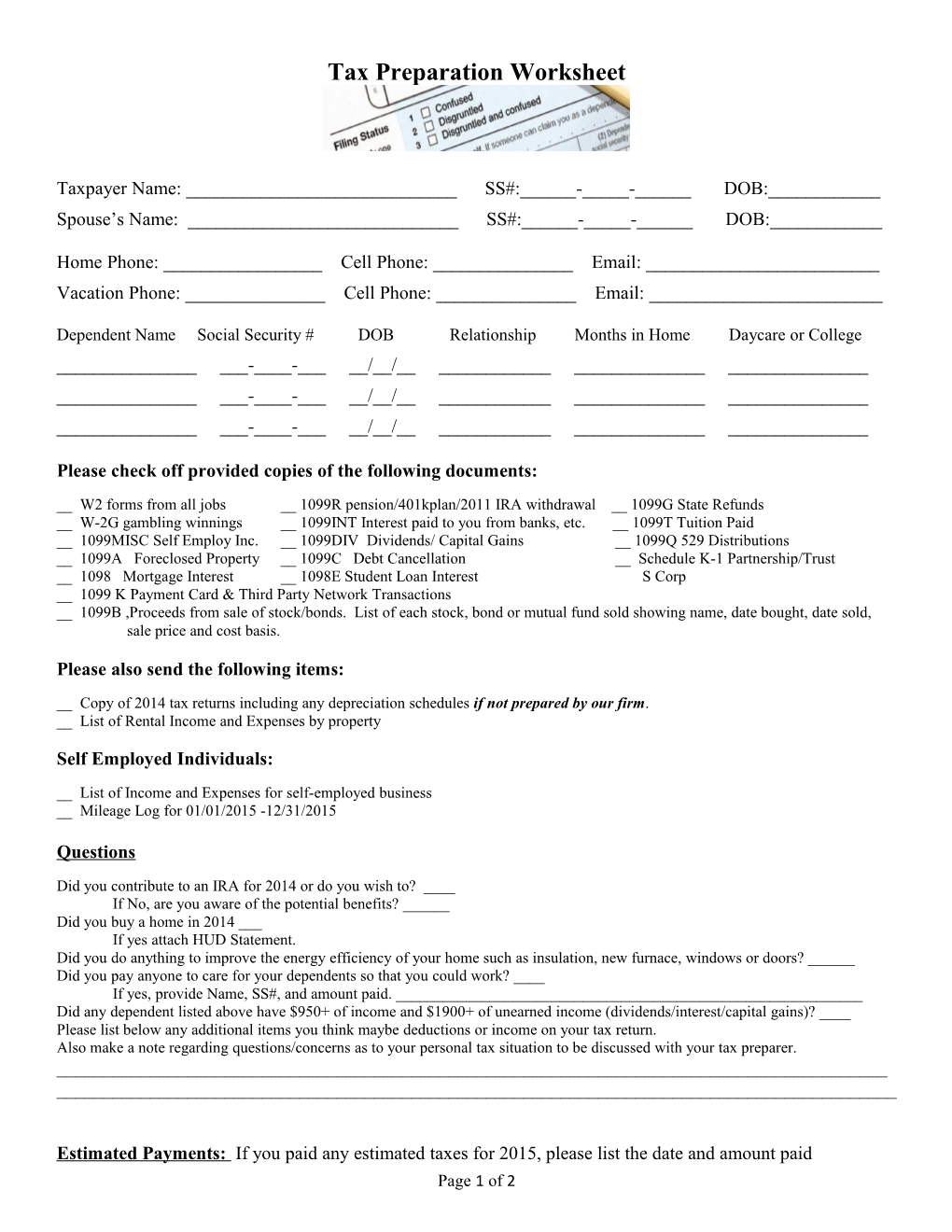 Tax Preparation Worksheet