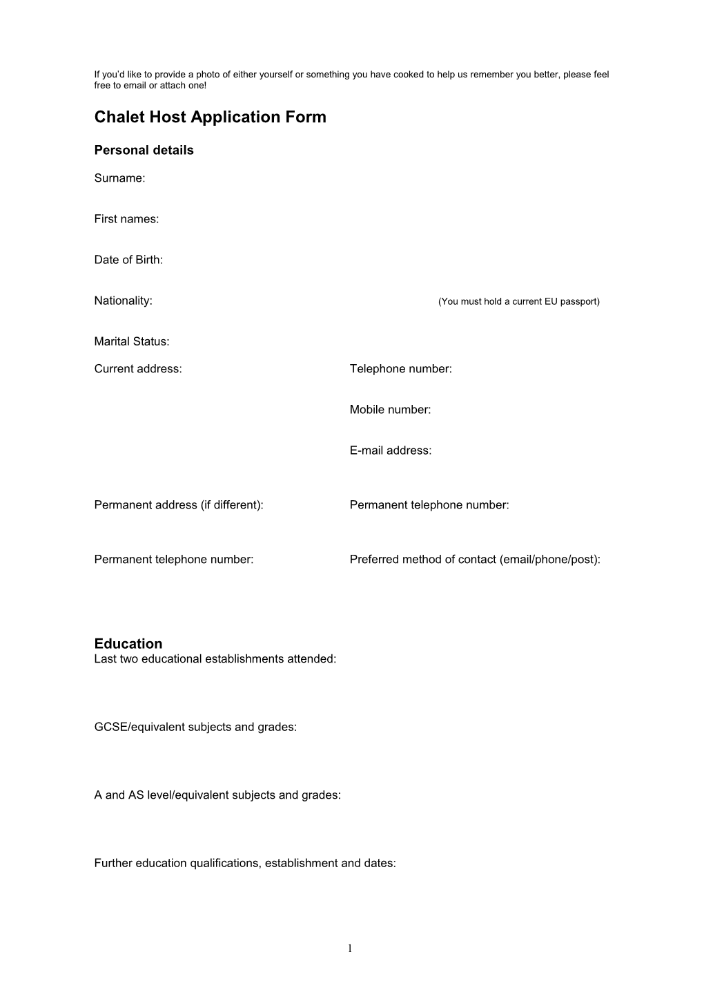 Chalet Host Application Form