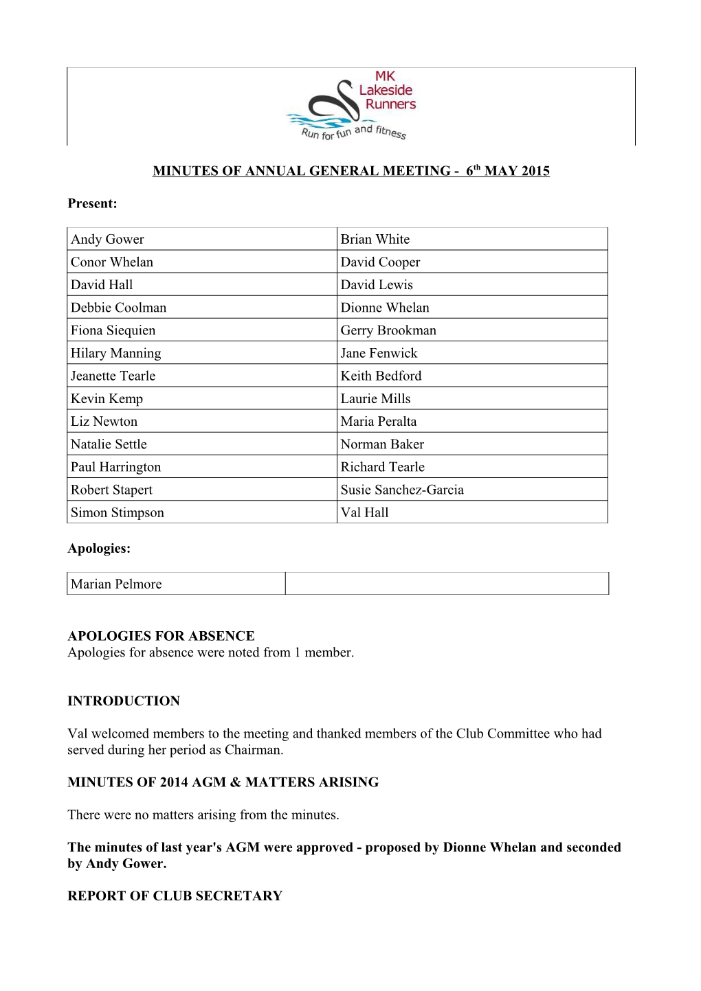 MINUTES of ANNUAL GENERAL MEETING - 6Th MAY 2015