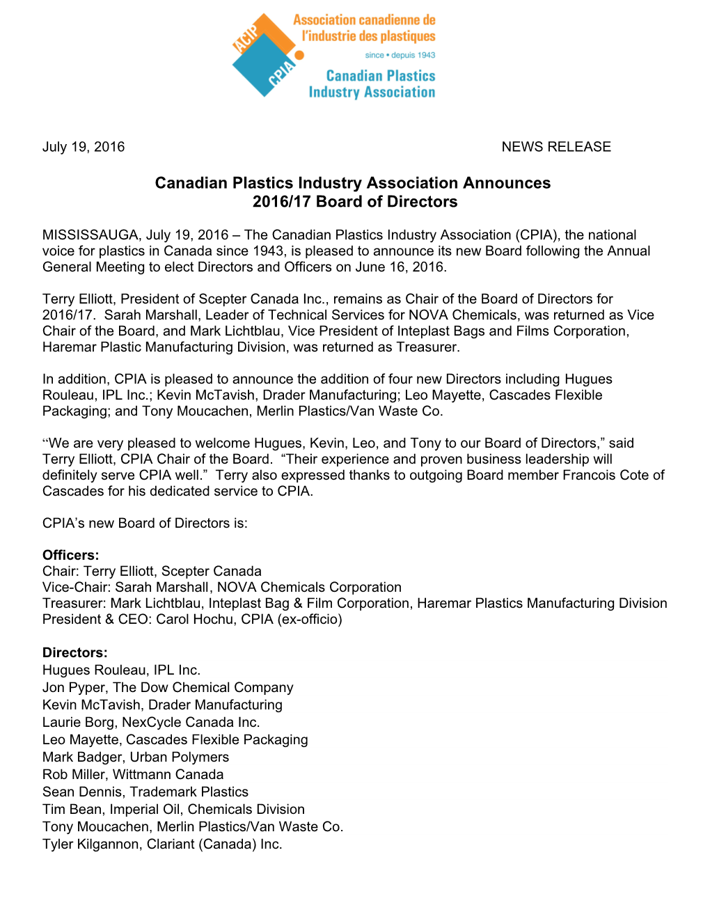 Canadian Plastics Industry Association Announces
