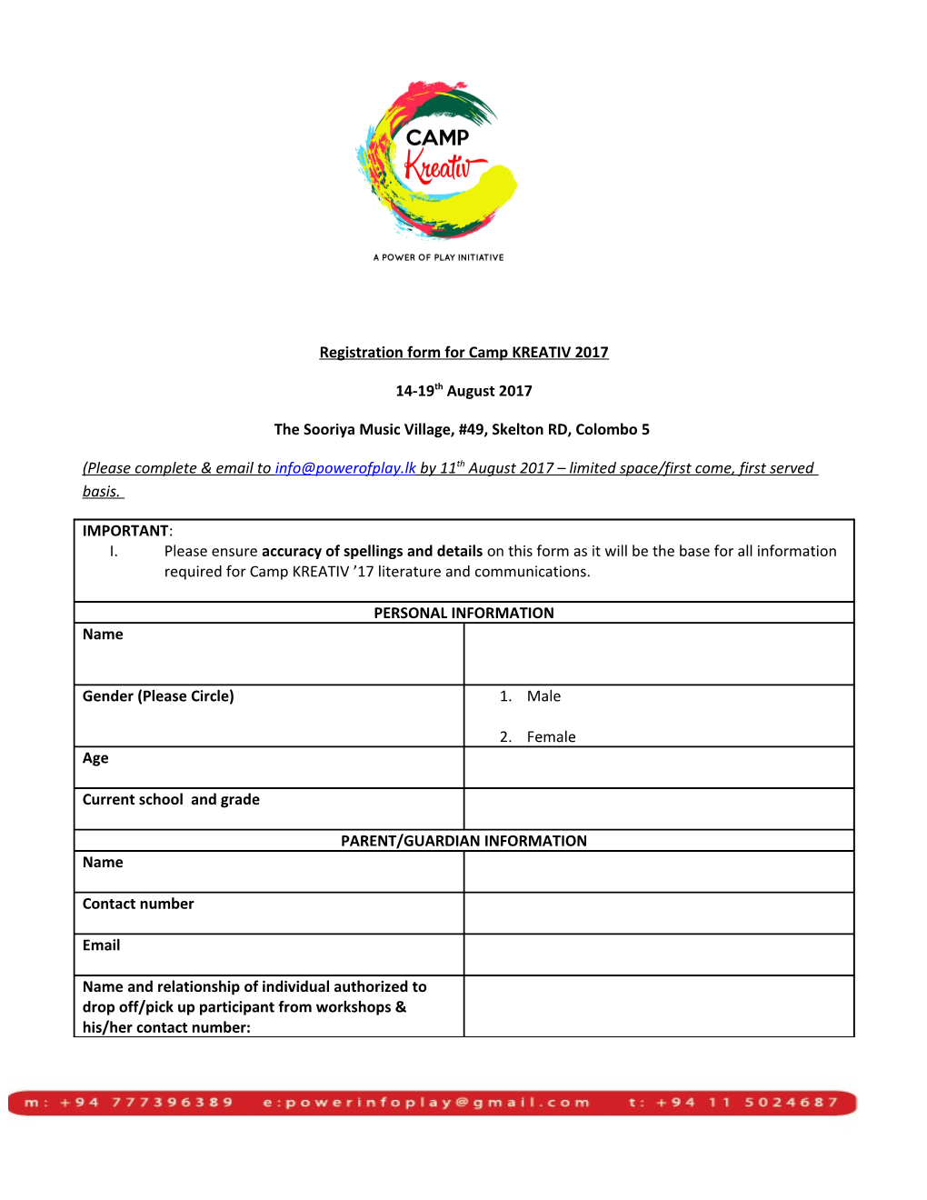 Registration Form for Camp KREATIV 2017