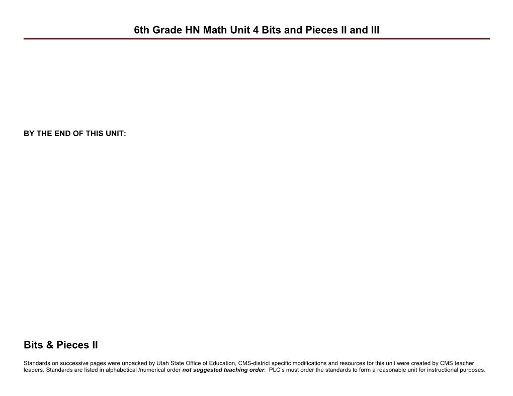 6Th Grade HN Math Unit 4 Bits and Pieces II and III