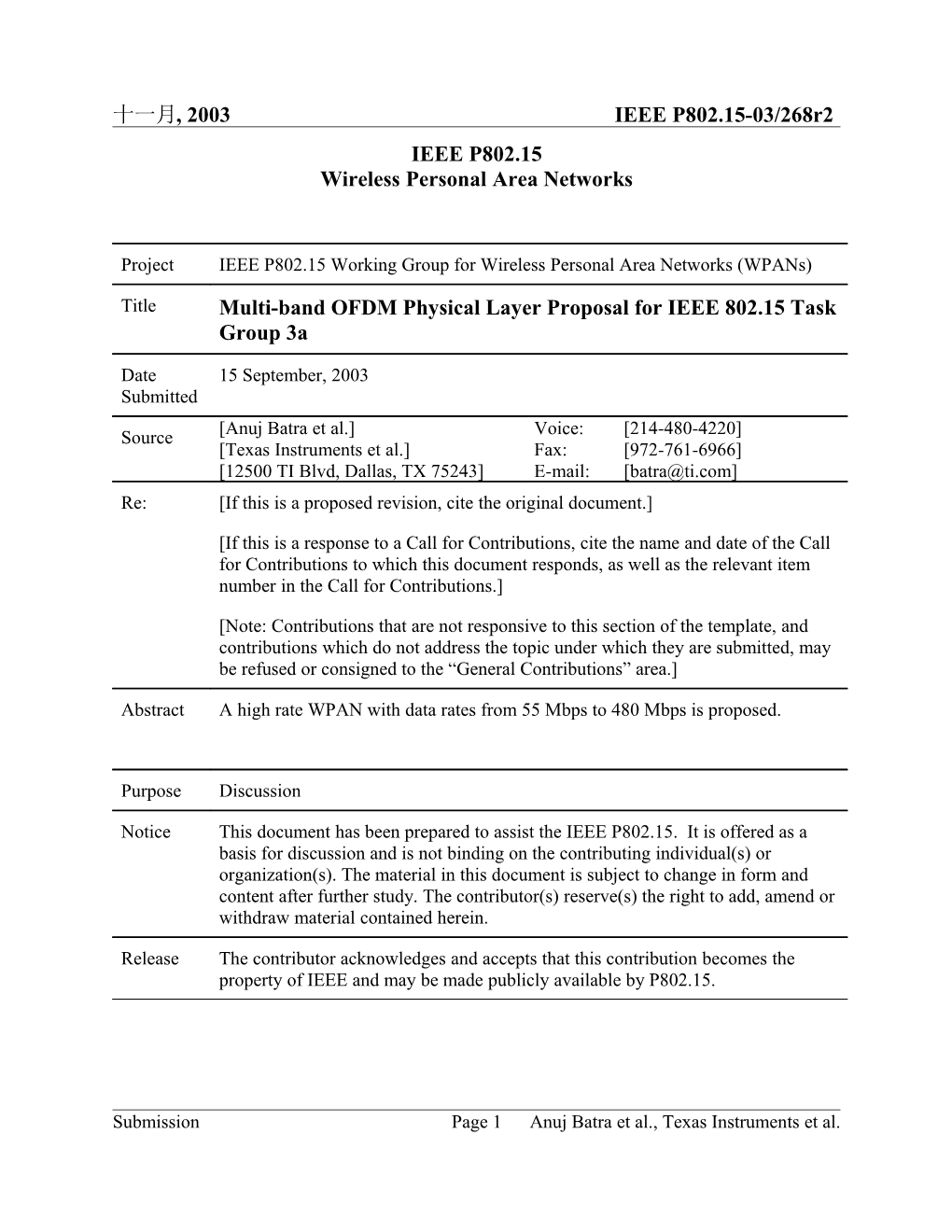 Multi-Band OFDM Physical Layer Proposal for IEEE 802.15 Task Group 3A