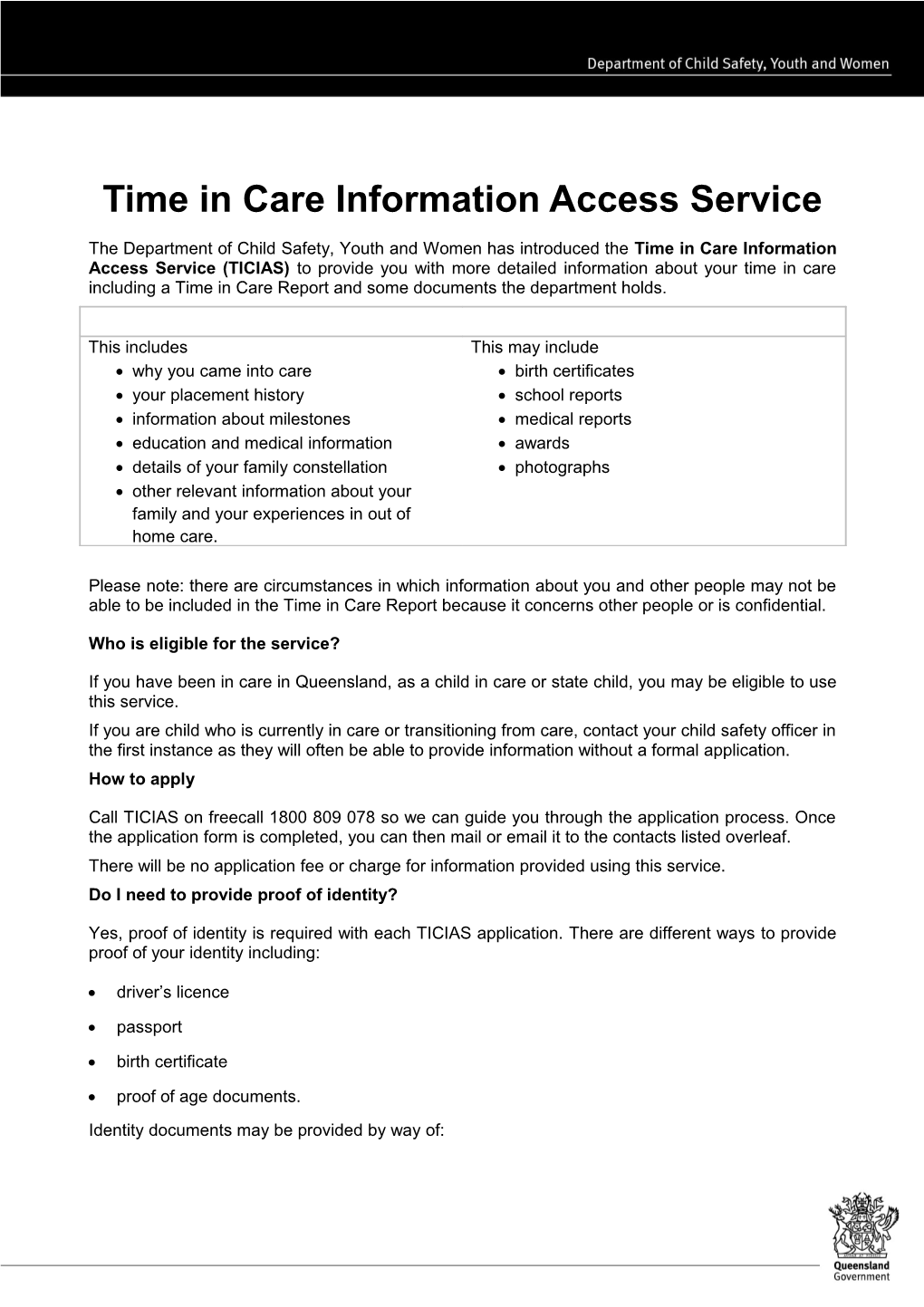 Time in Care Information Access Service Information Sheet