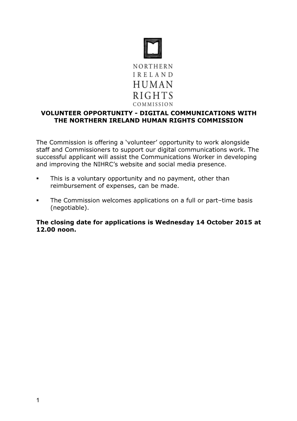 Volunteer Opportunity - Digital Communications with the Northern Ireland Human Rights