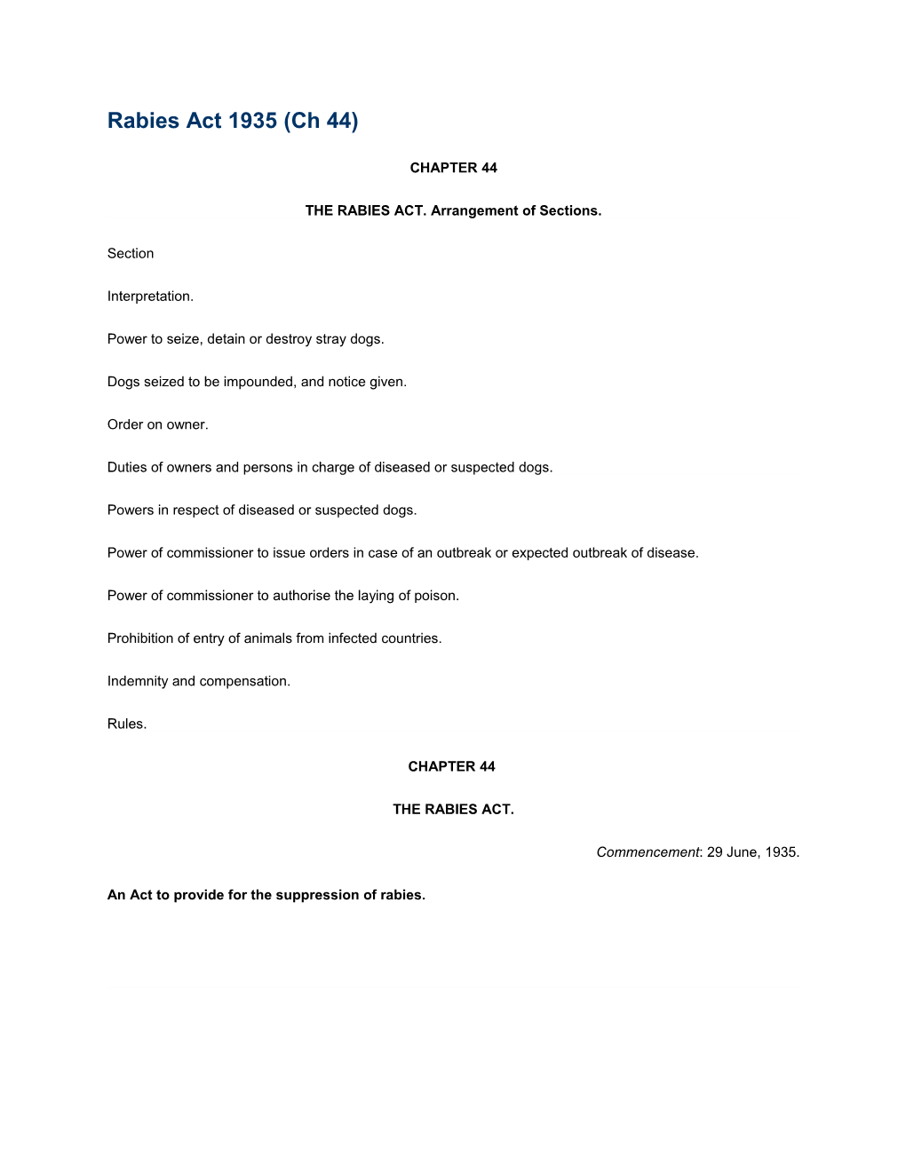 THE RABIES ACT. Arrangement of Sections