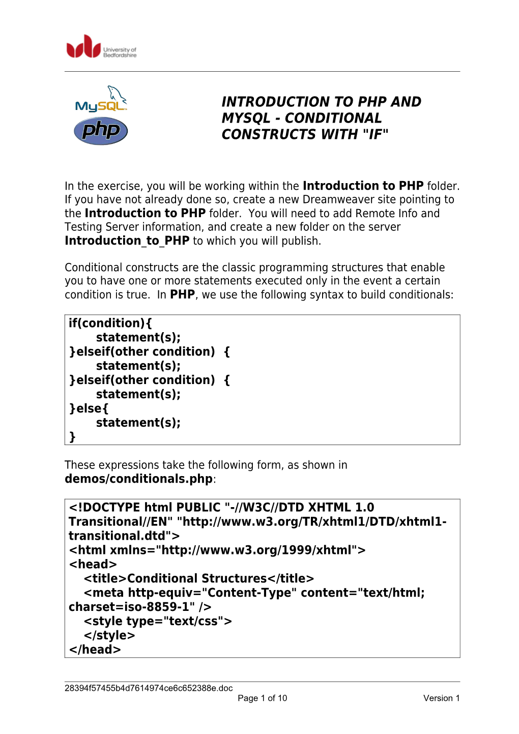 Introduction to Php and Mysql - Conditional Constructs with If